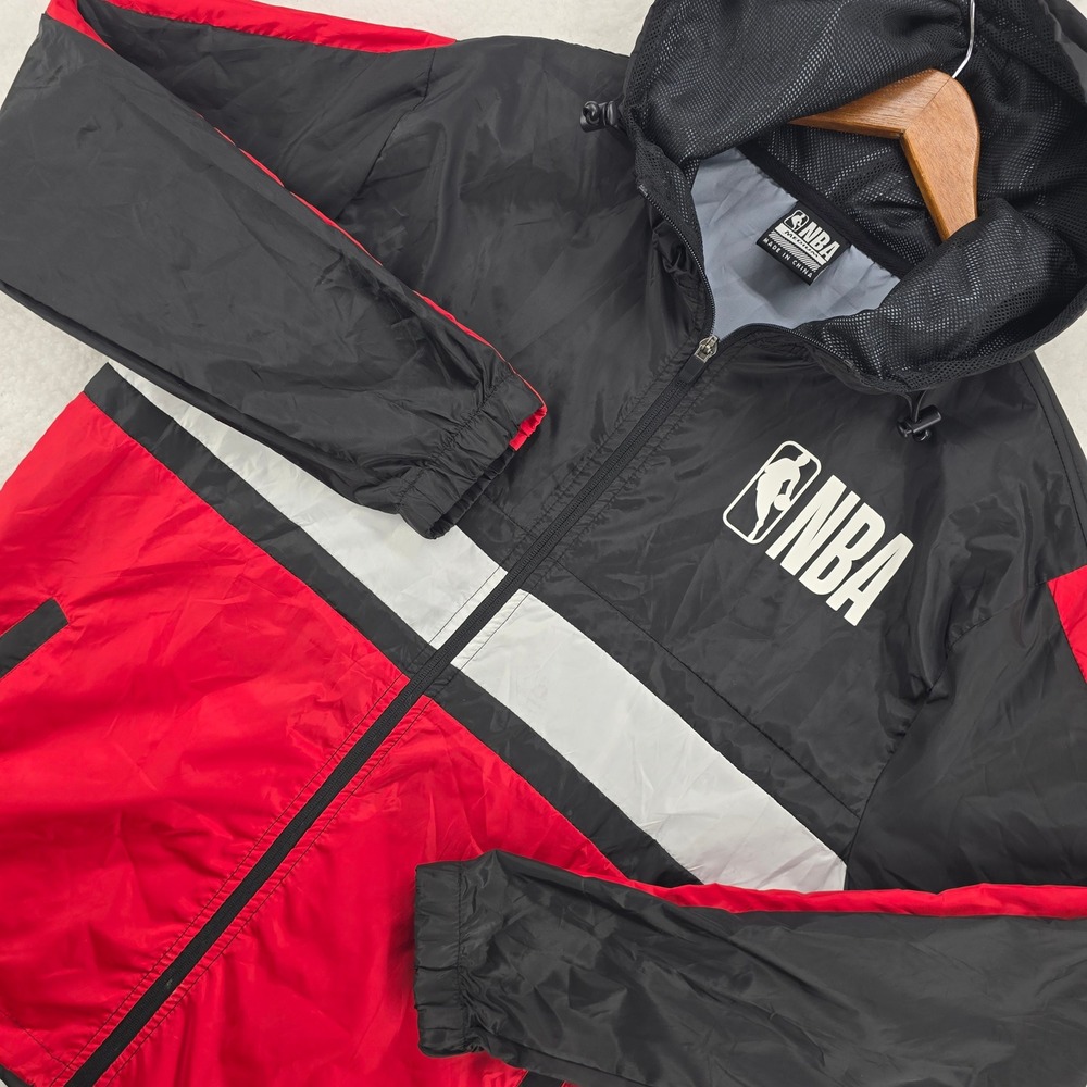 NBA Men's Black Red White Colorblock Hooded Windbreaker Jacket Medium‎